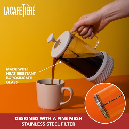 La Cafetière Zero 8 Cup Latte/Cream Colour Cafetière, No Mess Coffee French Press Heat Resistant With Glass Handle and Removable Silicone Base, Easy To Clean, Gift Idea for Coffee Lovers