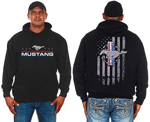 JH DESIGN GROUP Mens Ford Mustang Pullover Hoodie American Flag 2 Sided Sweatshirt (X-Large Black)