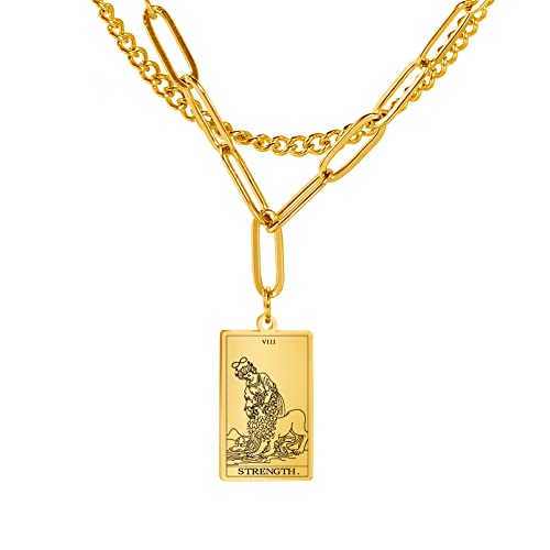 TEAMER Double Layer Necklace Vintage Tarot Jewelry Good Luck Amulet Pendants Stainless Steel Necklace (Gold-STRENGTH)