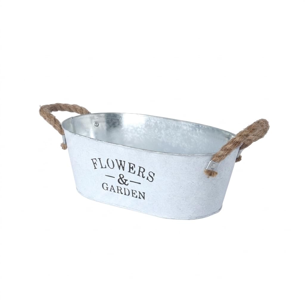 F Fityle White Oval Planter Rope Handle Embossed Metal Plant Pot Tin Flower Container Sturdy Iron Design Suitable for Home Balcony Outdoor Garden, Extra Large (Top Length 30cm)