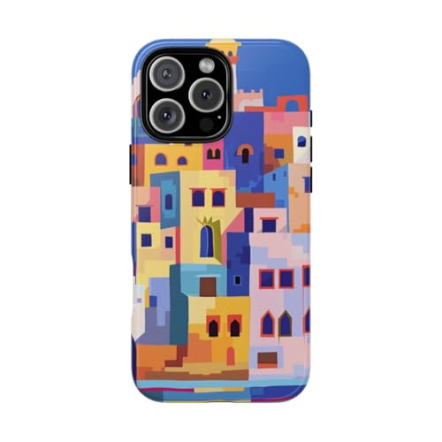 Coque rigide iPhone 16 Pro Max illustration ville côtière bleu brillant
