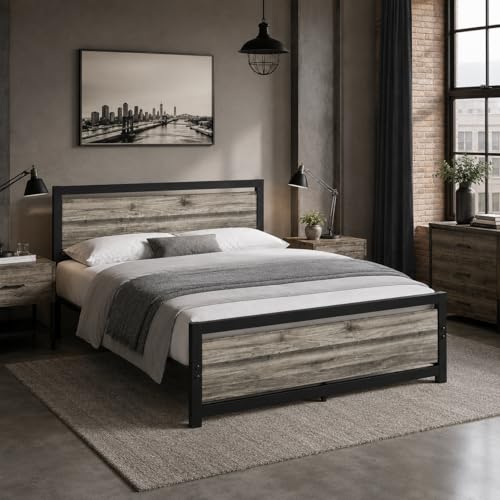 Image of Catrimown Full Size Bed Frame with Headboard, Full Metal Platform Bed Frame with Steel Slat Support, 10.5 in Storage Clearance, No Box Spring Needed, Easy Assembly, Wash Grey