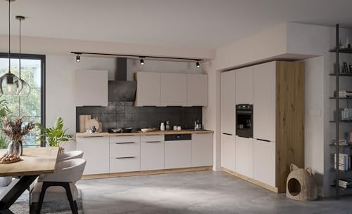 Kuechen-preisbombe Küche Solano 280 + 180 cm Küchenzeile Küchenblock Einbauküche Kaschmir beige matt + Eiche Artisan matt