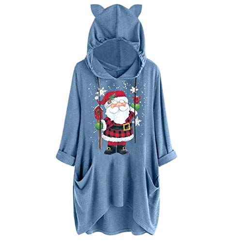 Weihnachten Damen Hoodie Kleid Pullover Langarm Kitzohren Sweatshirts Kapuzenpullover Tops Herbst Lange Ärmel Einfarbig Mantel Jacke