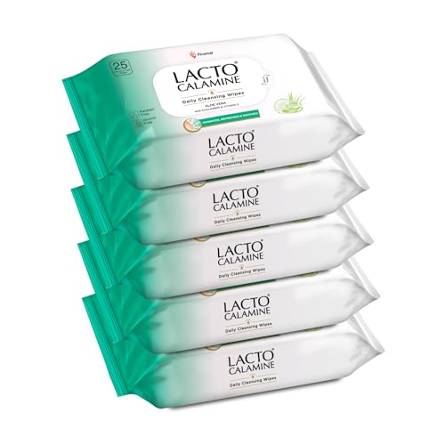 Image of Lacto Calamine Daily Cleansing Face Wipes 25N Each - Pack of 5 | Makeup Remover Wipes | Wet Tissue for Face with Aloe Vera, Cucumber & Vitamin E | Wet Wipes for Women & Men | Paraben & Alcohol Free