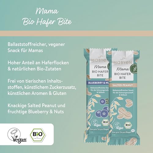 MABYEN Bio Hafer Dattel Bite Riegel 20 Stk. | Hafer Riegel - Gesunder Snack ohne zugesetzten Zucker für Schwangerschaft und Stillzeit - Riegel mit Trockenfrüchten - Blueberry Nuts und Salted Peanut