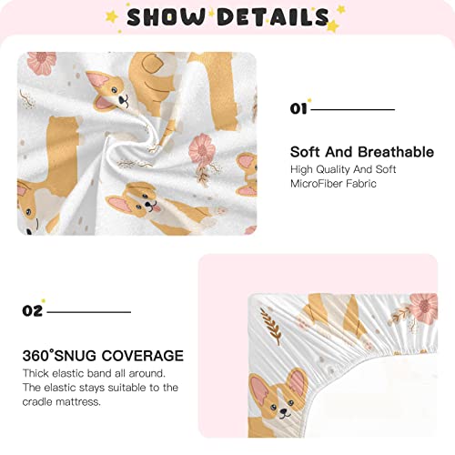 Image of Kawaii Welsh Corgi Dog Crib Sheets Soft Breathable Fitted Baby Crib Sheets Mattress Cover for Girl Boys, 52 inch x 28 inch x 9 inch
