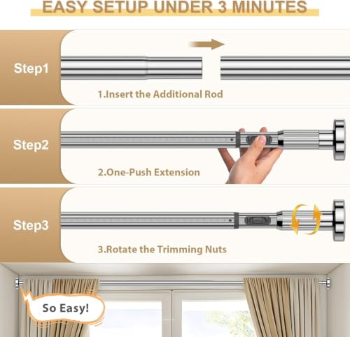Image of Sliver Tension Curtain Rod 41-84 In(4-7Ft), Curtain Rod No Drilling for Window or Bathroom,Outdoor Tension Rods for Patio, Heavy Duty Shower Rod,Rod Diameter 1.26In-One-bond stretching