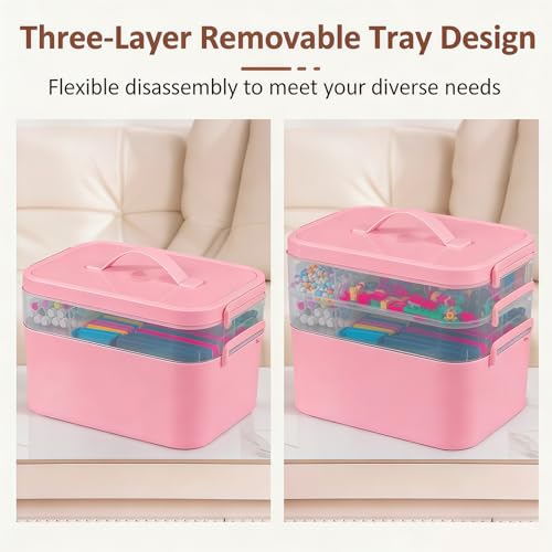 Image of Gifhomfix 4-Layer Plastic Craft Organizers and Storage Box with Removable Trays, Storage Containers with lids and Handle, Art Supply Storage Organizer for Organizing Bead, Sewing, Tool(Pink)