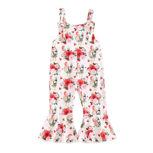 Image of Lefyira Baby Girl Flare Jumpsuit Toddler Floral Bell Bottom Romper Daisy Sleeveless Suspender Pants Infant Wide Leg Overalls (06 Red, 6-12 Months)