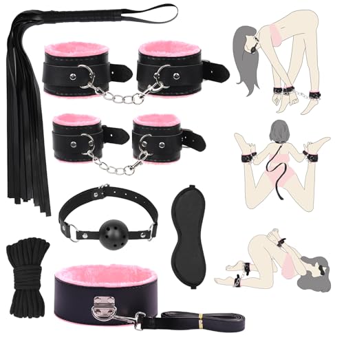 BDSM Bondage Kit Sex Toys 8 Pcs Sex Bondage Set for Beginners Ball Gag Bondage Rope BDSM Kit for Couples (Pink 8PCS)
