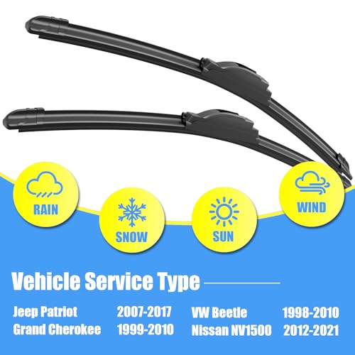 Image of Gavimnal 21 inch+21 inch Silicone Wiper Blades Replacement For Jeep Patriot 2007-2017 Grand Cherokee 1999-2010 /VW Beetle 1998-2010 / Nissan NV1500 2012-2021,All-Season Front Windshield Wiper Blades(Set of 2)