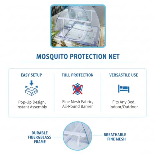 Image of Rainspire Foldable Mosquito Net for Double Bed King Size - Breathable Fine Mesh, with Handle, Heavy Duty Portable Collapsible Mosquito Protection Net for Bedroom Indoor Use - Blue
