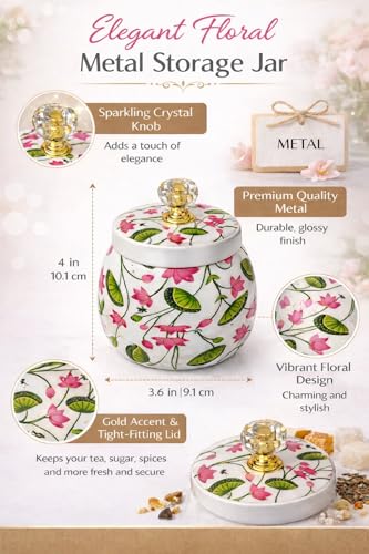 Image of Decorative Flower Printed Pichwai Jars | Metal Storage Jars with Lid | Traditional Indian Art Containers for Sweets, Spices, Pooja & Return Gifting