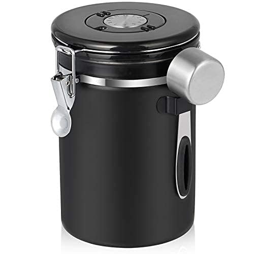 Foto von SMRONAR Kaffeedose Luftdicht, Edelstahl Kaffeebehälter, 623g/21oz mit Datums-Tracker CO2-Freigabeventil und Messlöffel für Kaffeebohnen, Pulver, Tee, Nüsse, Kakao