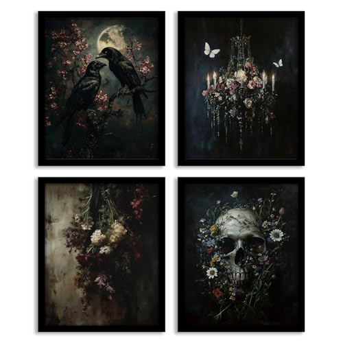 Image of WEFKODO Vintage Dark Academia Gothic Wall Decor, Vintage Moody Gothic Wall Art for Home Bedroom Bathroom Living Room Dorm College, Crow Skull Flower Goth Room Decor Posters Prints 4Pcs, 8x10 Unframed