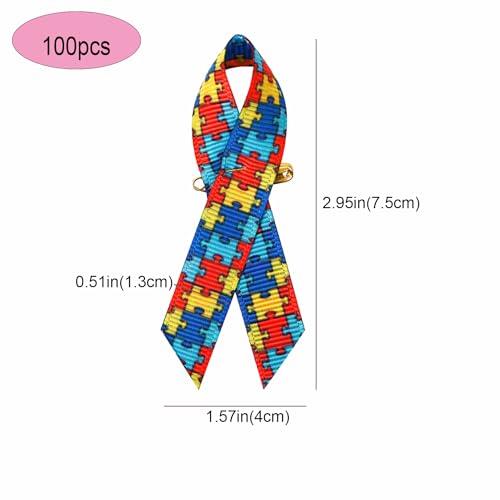 Image of 100 PCS Autism Fabric Awareness Ribbons Wired Fabric Ribbons with Safety Pins Lapel Pin Satin Ribbon for Charity Public Social Event Welfare Supplies(Autism Awareness)