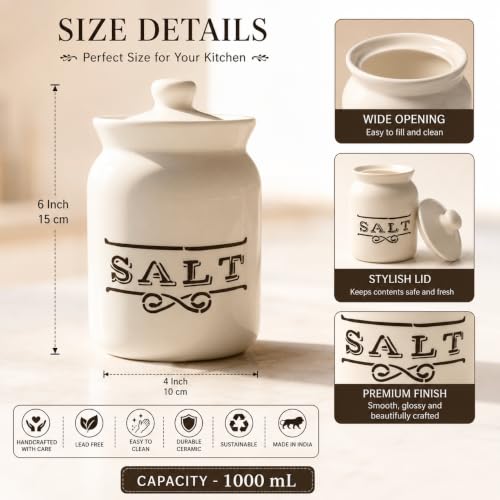 Image of D'Maiolica Ceramic Pickle Kitchen Jars in 1000ml | HandCrafted 1 kg Achaar Martban Barni | Ceramic Storage Containers | Jars for Achar, Spices, Salt (set of 2) (Classic Salt Snow)
