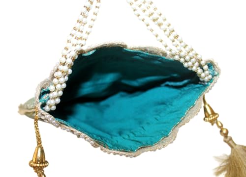 Image of MILAN'S CREATION Pure Banarasi Potli Silk Brocade Bag Purse Drawstring Women's handbag with Pearl Handle & Tassel Weddings