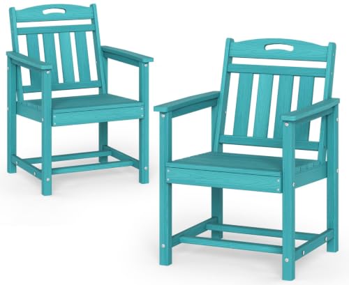 Image of Set of 2 Weatherproof Patio Chairs - HDPE Outdoor Dining Chairs with Wide Seat, Ergonomic Design - for Garden, Backyard, Deck - Lake Blue