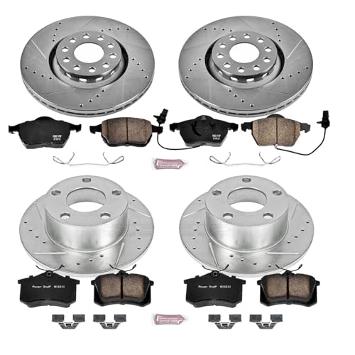 Image of PowerStop Front and Rear Brake Kit for Audi A6 1998-04 - Drilled and Slotted Disc Rotors with Carbon-Fiber Ceramic Brake Pads Replacement, K637