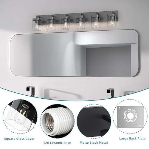 Image of Bathroom Vanity Light, Square Design 6 Lights Morden Bathroom Lighting Fixtures Over Mirror, Black Vanity Light for Living Room /Bedroom