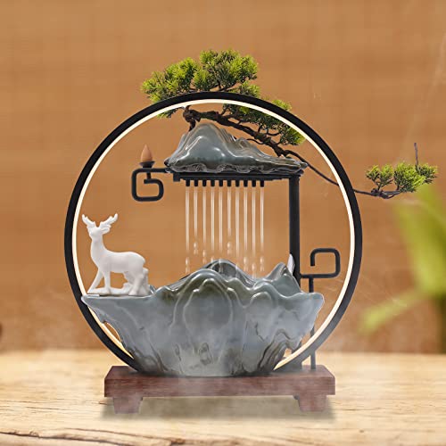 Tabletop Water Fountain, Indoor Waterfall with Round LED Light & Ceramic Elks, Mist Maker and Incense Holder for Home Office Decor
