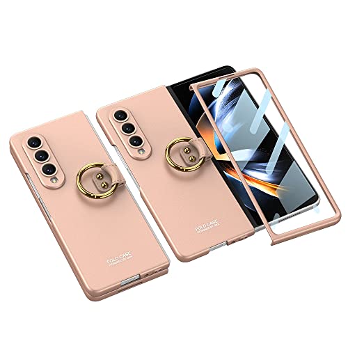 Coque Samsung Galaxy Z Fold 4 fine avec anneau rotatif et film de protection écran rose
