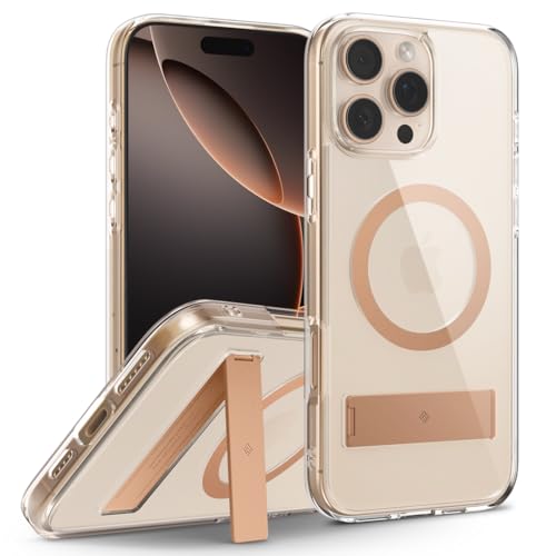 Image of CASEOLOGY by Spigen Capella Mag Kickstand for iPhone 16 Pro Case [Built-in Kickstand] Magnetic Military Grade Drop Protection Back Cover Case for iPhone 16 Pro (TPU and PC | Clear Sepia Gold)