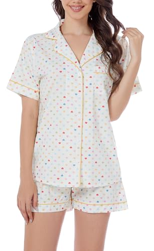 Image of LUBOT 100% Cotton Pajamas for Women 2 Piece PJ Set Poplin Woven Lightweight Ladies Button Short Sleeve Sleepwear S-XXL