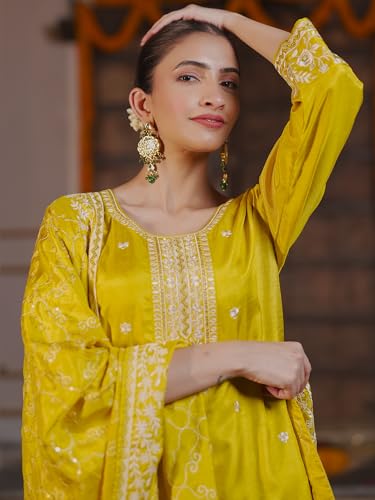 Image of INDO ERA Women's Embroidered Silk Blend Calf Length Straight Kurta Pant And Dupatta Set (KH9MR6194)