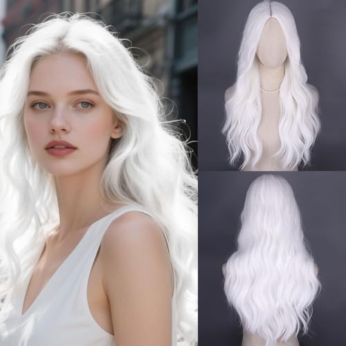 Fulang Hair Lange White Perücke für Frauen Lange Lockige Hitzebeständige Faser Synthetische Perücke White Perücken peruka damen natürlich haare für den täglichen