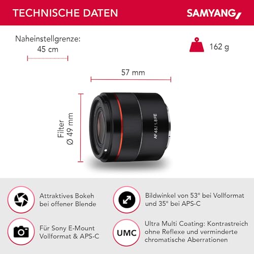 Samyang AF 45 mm F1.8 für Sony FE (Tiny but Premium) - Vollformat und APS-C Festbrennweite Autofokus Objektiv Sony E FE E-Mount für Sony A9 A7 A7C II A7C R A6600 A6500 A6400 A6300 A6000 A5100 A5000 – Bild 3