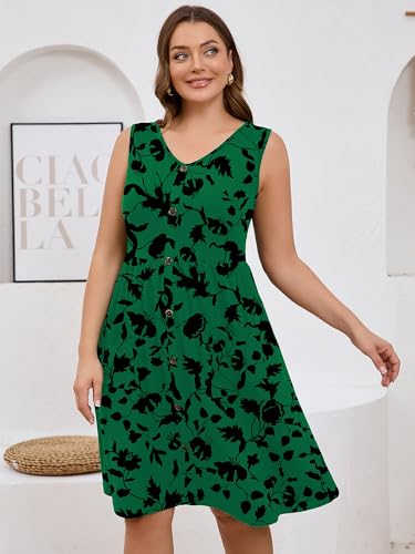 Image of AusLook Plus Size Women Summer Dresses Sleeveless Casual Loose Swing Button Down Midi Dress with Pockets 1X-5X