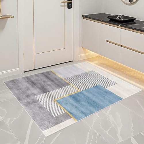 Tapis de salon lavable 80x150 cm bleu-gris à rayures - 7