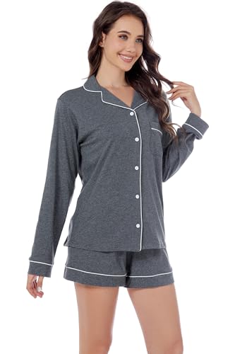 Image of LUBOT 100% Cotton Pajamas for Women 2PC PJ Set Womens Soft Long Sleeve Button-Down Shirt Two Piece Set Sleepwear Loungewear Night Suit (Dark Gray, 2XL)