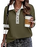 Zeagoo Fall Sweatshirts for Women Button Up Tops Henley V Neck Pullover Casual Comfy Shirts Outfits Clothes 2025 Army Green M