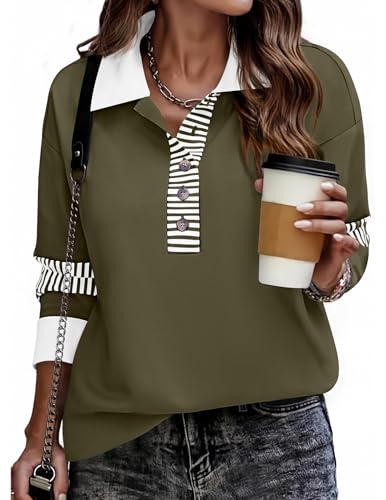 Zeagoo Fall Sweatshirts for Women Button Up Tops Henley V Neck Pullover Casual Comfy Shirts Outfits Clothes 2025 Army Green M