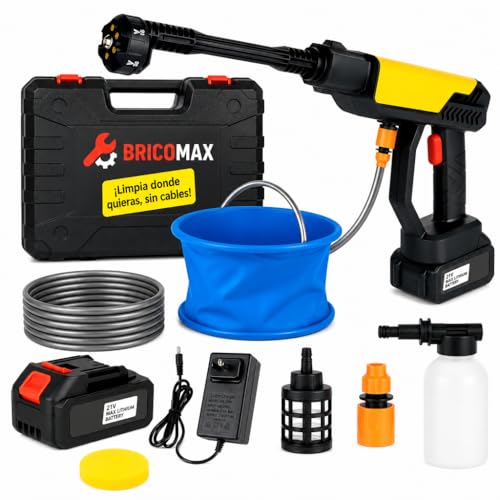 Bricomax® Hidrolimpiadora Batería Premium para Limpieza Alta PRESIÓN sin Cables 48V y Esponja - Pistola de Agua a Presión con Cubo Portátil - Hidrolavadora Portátil para el Coche, Jardín y Exteriores
