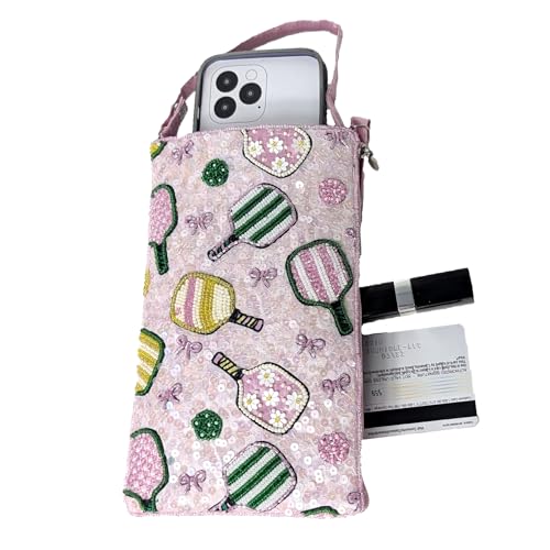 Bamboo Trading BTC Pickleball Chic Phone Pouch Beaded & Sequined Sporty Crossbody Pink3