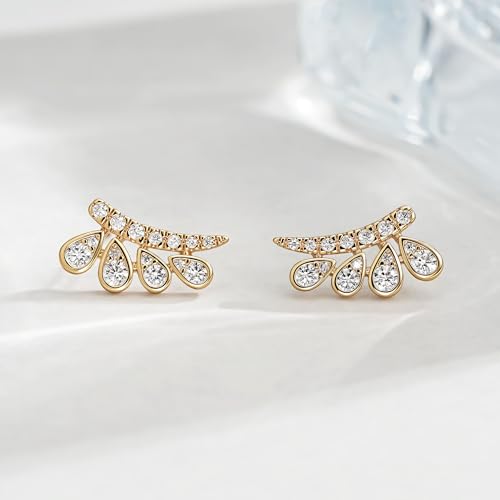 FETTERO Stud Earrings for Women - 14K Gold Plated CZ Hypoallergenic Earrings Studs Dainty Black CZ Leaf Gold Earrings for Women Trendy Statement Jewelry