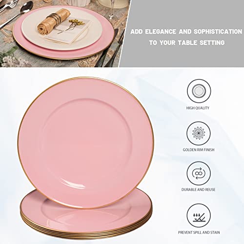 Maoname 13" Pink Charger Plates, Round Plate Chargers With Gold Rim, Plastic Decorative Charger Plates For Wedding, Tabletop Decor, Set Of 6 #TOP4