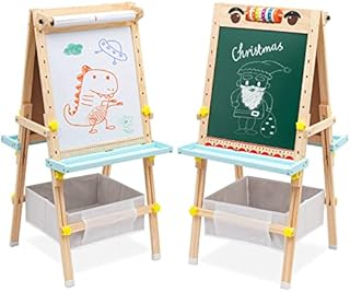 Kids Easel with Paper Roll Double-Sided Whiteboard & Chalkboard Wooden Art Easel Height Adjustable Standing Easel with Bead Magnetic Numbers Alphabet Animal Accessories for Toddlers Boys Girls