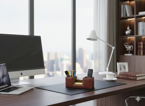 Image of LUVYANSH Pen Stand Compact Desk Organiser Faux Leather Rectangular Stylish Design Use for Storage | Home | Kitchen | Make Up | Card | Mobile | Stationary (Brown)