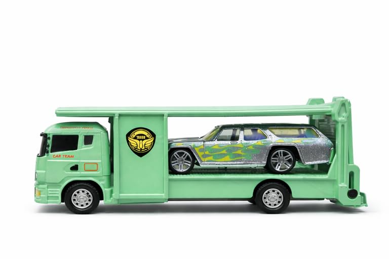 Mini Metal Muscle Car with Pull Back Carrier Truck – 2-in-1 Double Decker 1:64 Scale Die-Cast Transporter Toy Hauler for Kids, Chrome Wheels & Flame Decals