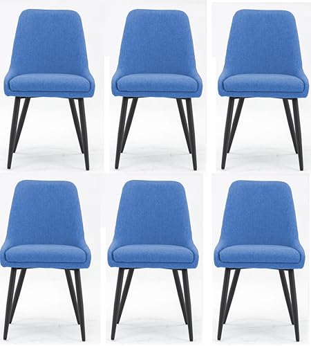 Image of Finch Fox Morris Glam Comfortable Fabric Upholstered Padded Living Room Side Dining Chair for Cafeteria Bedroom, Restaurents, Home, Office with Black Metal Legs in Blue Color (Set of 6)