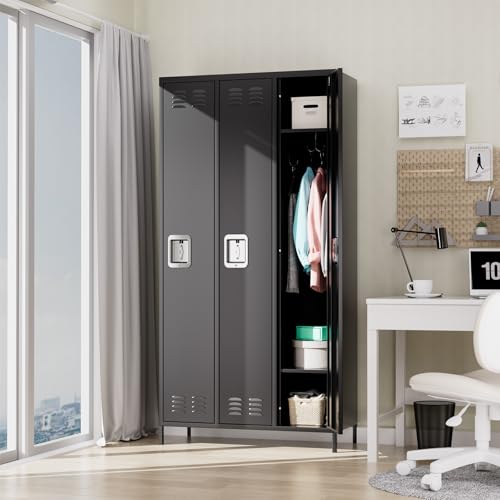 GarveeHome 3 Doors Metal Office Storage Cabinet, Metal Lockers for Employees with 9 Hooks and 3 Shelves, 72 Inch Tall Steel Storage Cabinet Locker for Home, Office, Gym, School, Black
