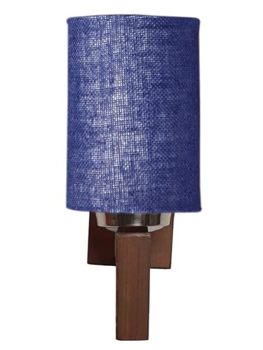 Image of Wall Lamp with Wooden Base (H- 10.9 Inch, Blue) Wall Sconce for Bedroom /Living Room, Study Room, Hall, Home Office Decor | Decorative Indoor Lighting, Warm Ambient Night Light | Barrel Shape