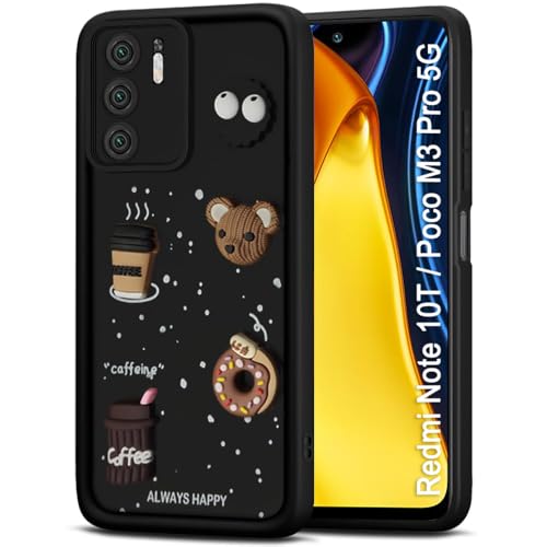 Image of TheGiftKart Back Cover Case for Mi Redmi Note 10T 5G / Poco M3 Pro 5G | Cute Fun Cartoon 3D Bear Coffee Case | Full Camera Protection | Shockproof Back Cover Case (Silicone, Black)