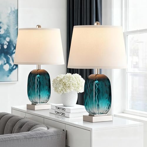 Table Lamp Set of 2 Touch Control, Coastal Teal Blue Glass Bedside Lamp with USB A+C Ports, 3-Way Dimmable Beach Nightstand Lamps with White Fabric Shade for Living Room Bedroom (LED Bulbs Included) - Image 5